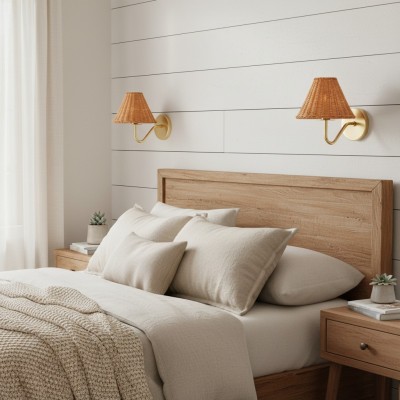 Betty Natural Rattan Cone Brass Wall Sconce Betty Natural Rattan Cone Brass Wall Sconce