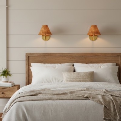 Betty Natural Rattan Cone Brass Wall Sconce Betty Natural Rattan Cone Brass Wall Sconce