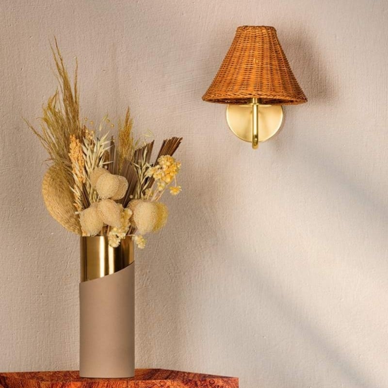 Betty Natural Rattan Cone Brass Wall Sconce Betty Natural Rattan Cone Brass Wall Sconce
