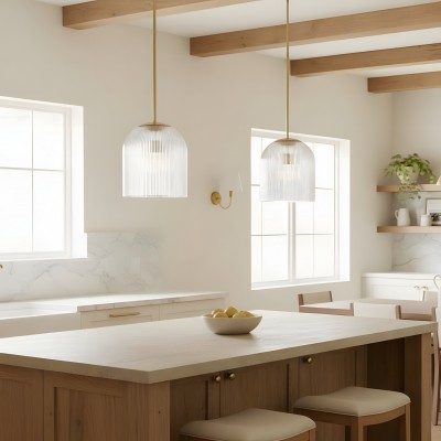 Alain Farmhouse Cooper Ribbed Glass Pendant Light For Dining Room & Kitchen