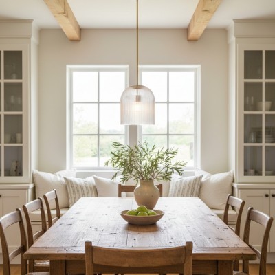 Alain Farmhouse Cooper Ribbed Glass Pendant Light For Dining Room & Kitchen