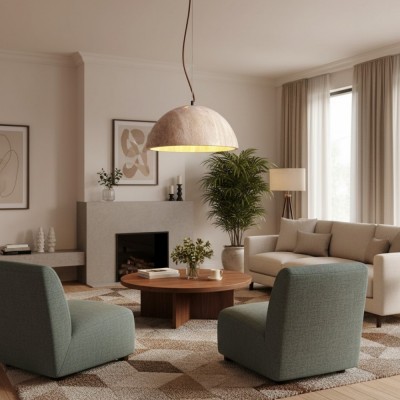 Quant Minimalist Natural Dome Yellow Travertine Pendant Light