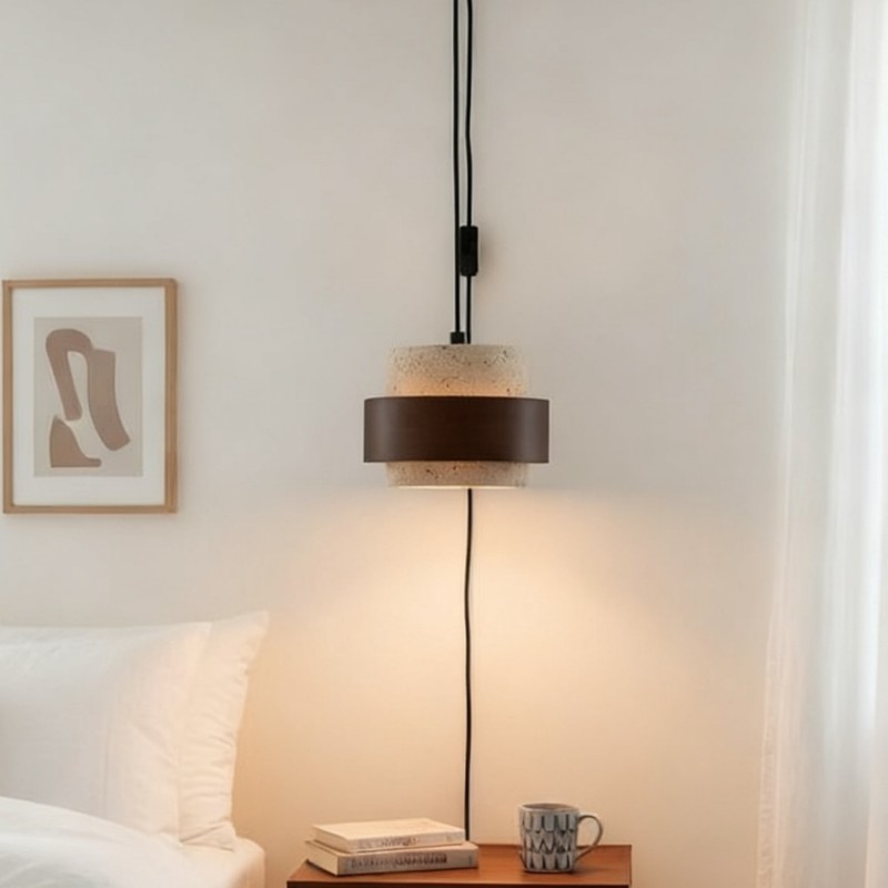 Timothy Wabi Sabi Natural Cylindrical Travertine Plug In Pendant Light