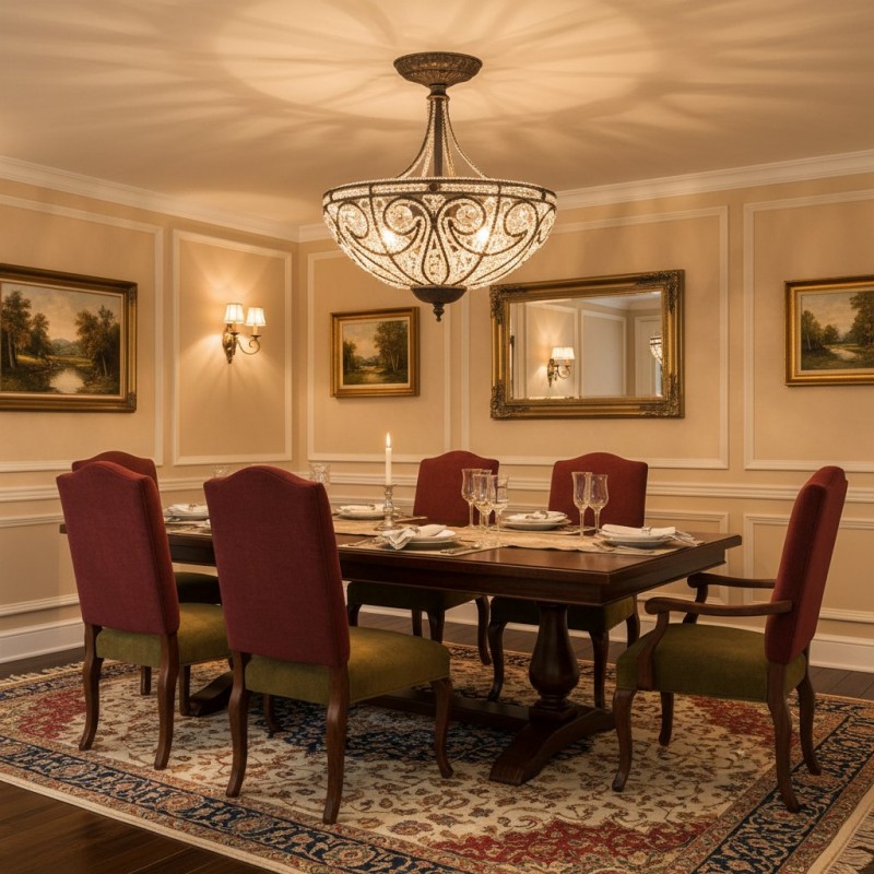 Ive Vintage Bronze Bowl 3-Light Crystal Semi Flush Ceiling Light