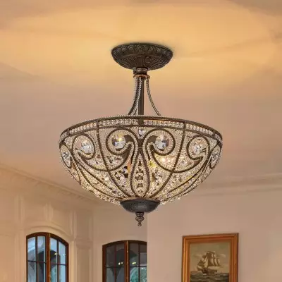 Ive Vintage Bronze Bowl 3-Light Crystal Semi Flush Ceiling Light