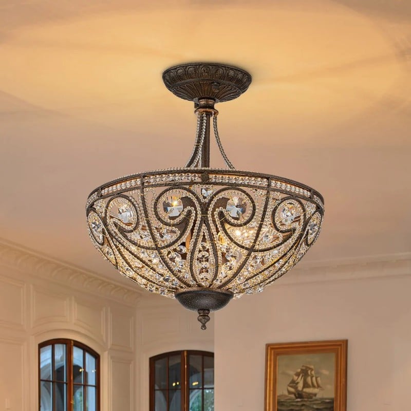 Ive Vintage Bronze Bowl 3-Light Crystal Semi Flush Ceiling Light