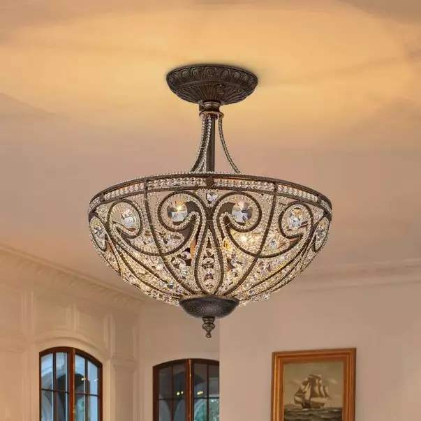 Ive Vintage Bronze Bowl 3-Light Crystal Semi Flush Ceiling Light