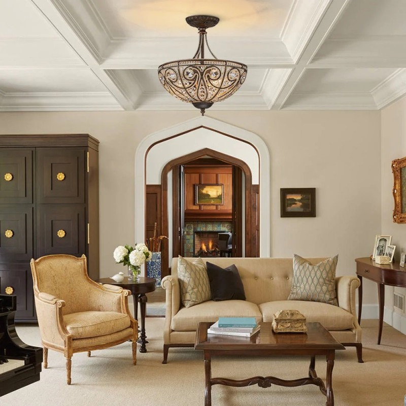 Ive Vintage Bronze Bowl 3-Light Crystal Semi Flush Ceiling Light