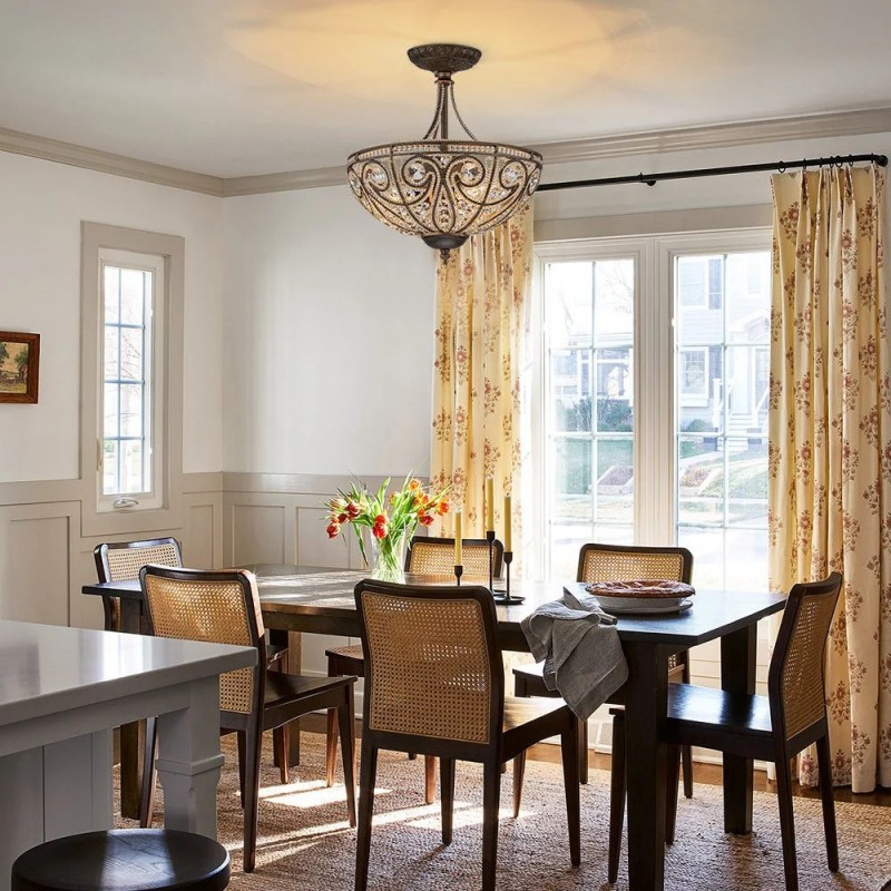 Ive Vintage Bronze Bowl 3-Light Crystal Semi Flush Ceiling Light