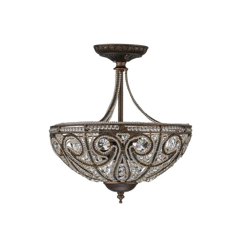 Ive Vintage Bronze Bowl 3-Light Crystal Semi Flush Ceiling Light