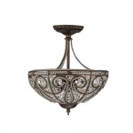 Ive Vintage Bronze Bowl 3-Light Crystal Semi Flush Ceiling Light
