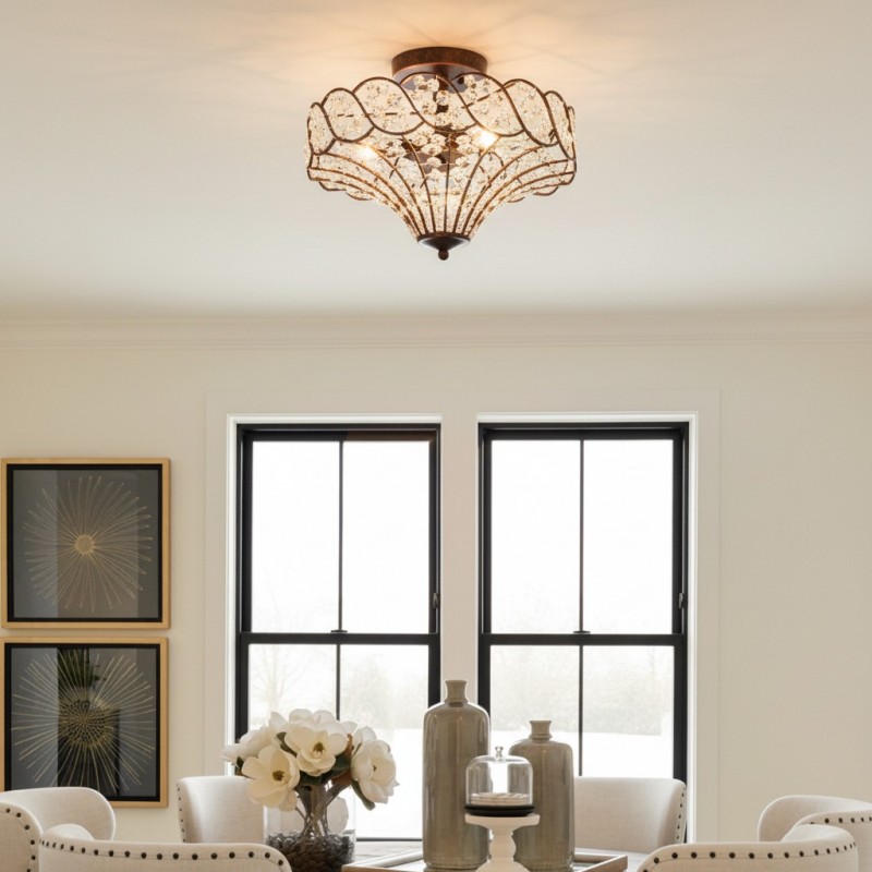 Kim Rustic Bronze 4-Light Crystal Semi-Flush Mount Ceiling Light