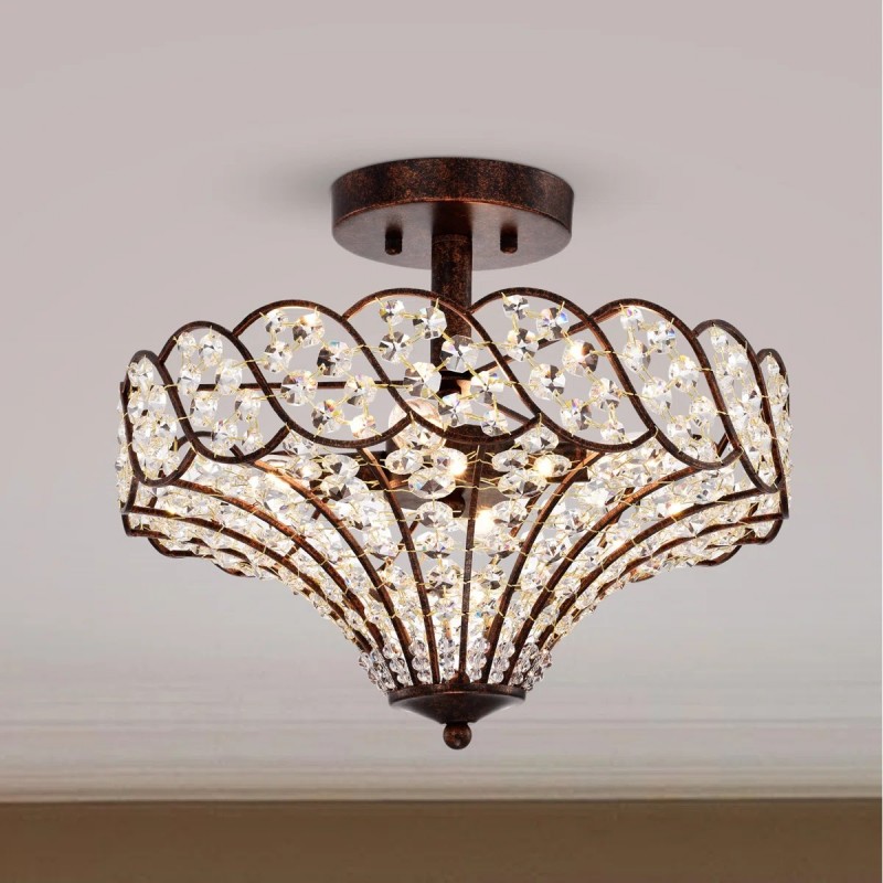 Kim Rustic Bronze 4-Light Crystal Semi-Flush Mount Ceiling Light