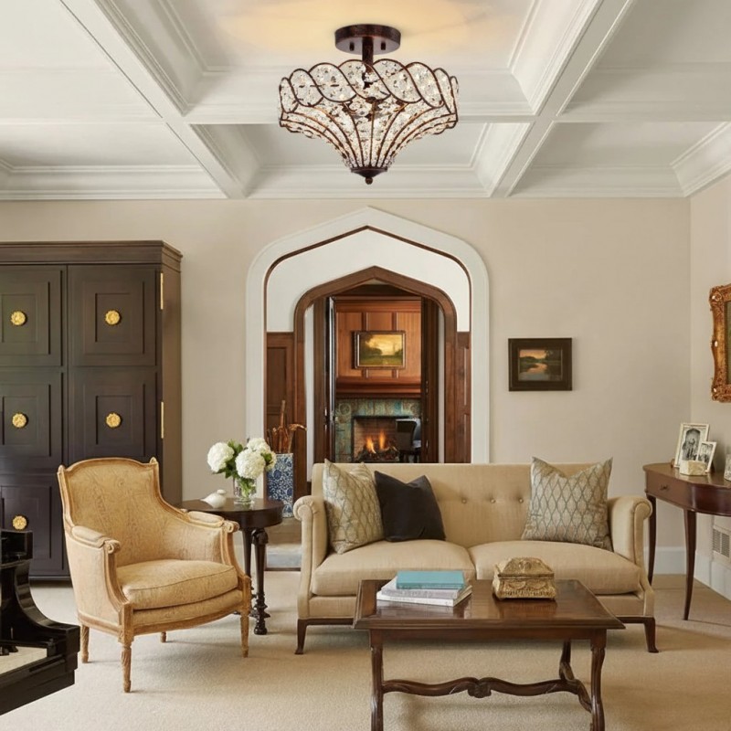 Kim Rustic Bronze 4-Light Crystal Semi-Flush Mount Ceiling Light