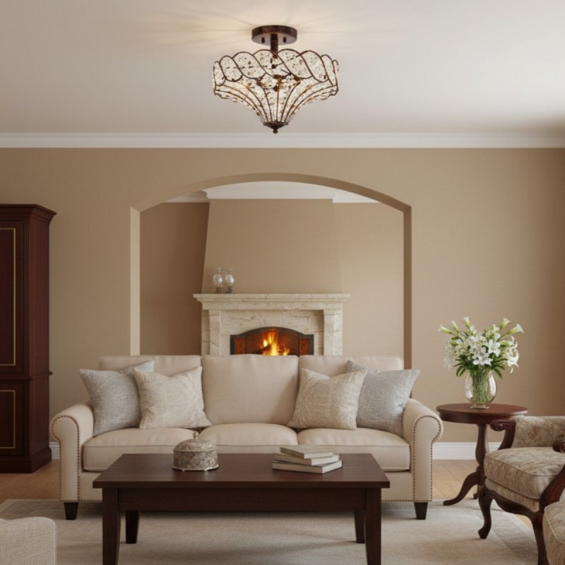 Kim Rustic Bronze 4-Light Crystal Semi-Flush Mount Ceiling Light