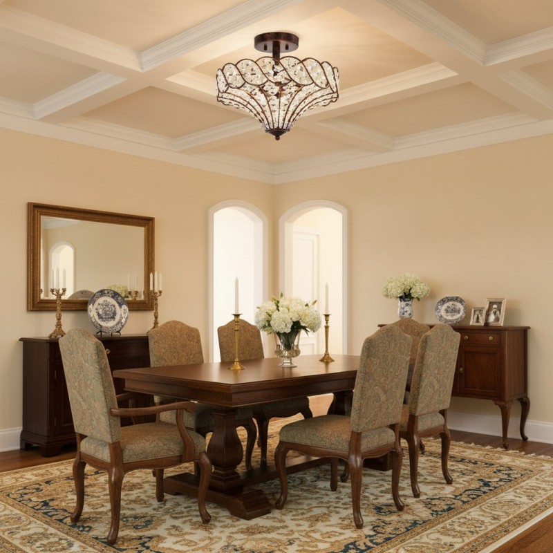 Kim Rustic Bronze 4-Light Crystal Semi-Flush Mount Ceiling Light