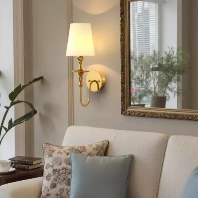 Callan Natural Curved Arm Fabric Gold Wall Sconce