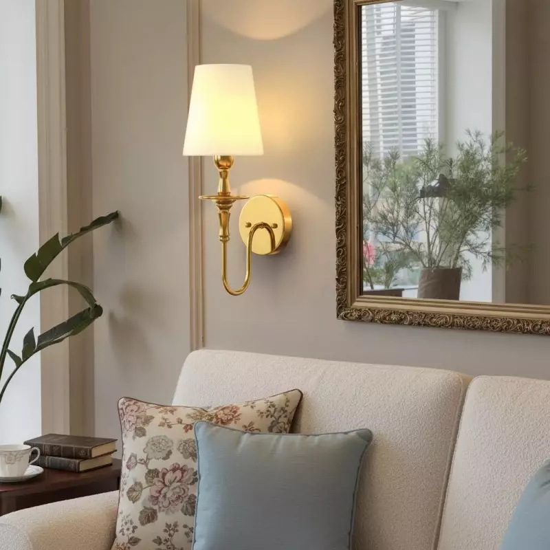 Callan Natural Curved Arm Fabric Gold Wall Sconce