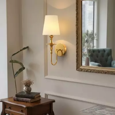 Callan Natural Curved Arm Fabric Gold Wall Sconce