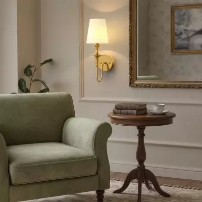 Callan Natural Curved Arm Fabric Gold Wall Sconce