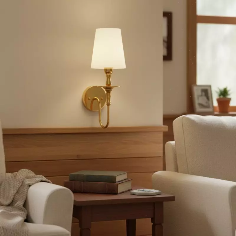 Callan Natural Curved Arm Fabric Gold Wall Sconce