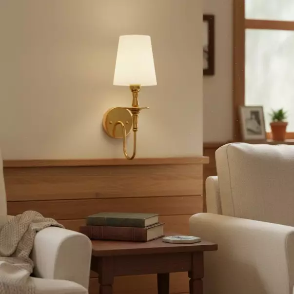 Callan Natural Curved Arm Fabric Gold Wall Sconce