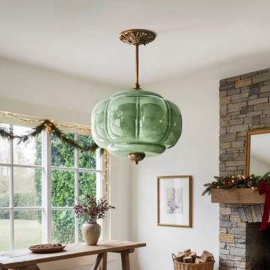 Vortan Antique Brass Green Glass Semi-Flush Mount Eloise Pendant Lamp