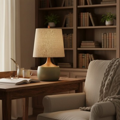 Velmira Mid-Century textile lamp shade Ceramic Table Light