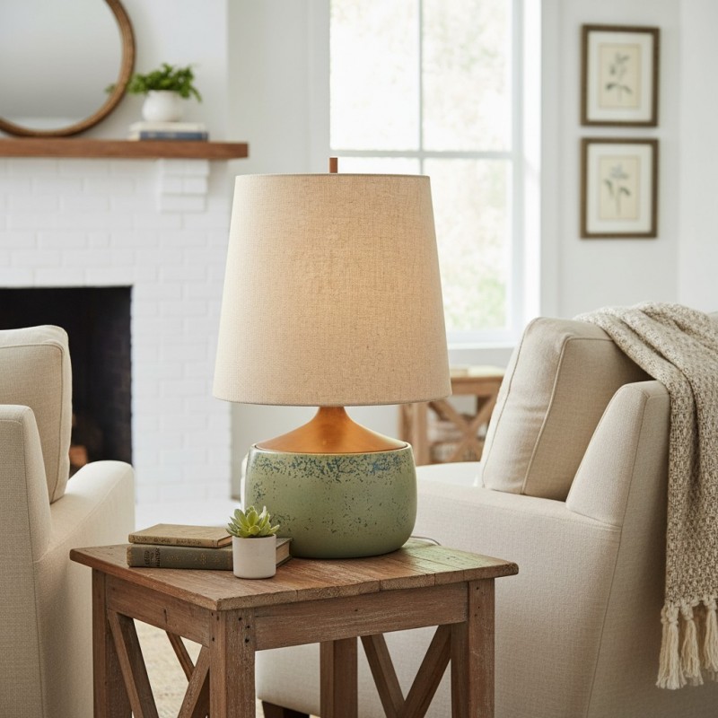 Velmira Mid-Century textile lamp shade Ceramic Table Light