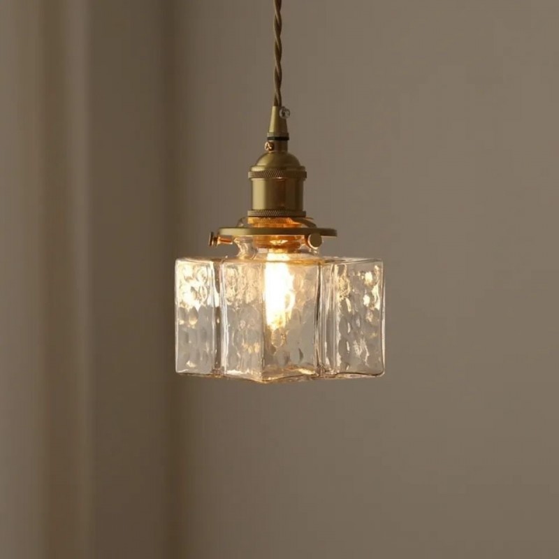 Faelthorin Farmhouse Brass Hammered Square Glass Pendant Lamp