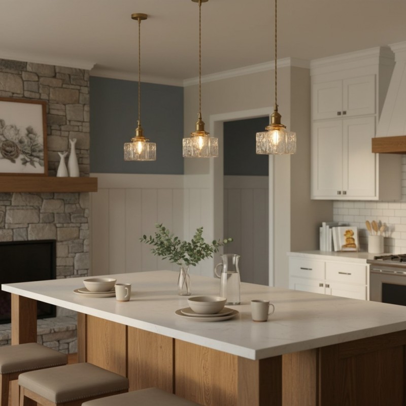 Faelthorin Farmhouse Brass Hammered Square Glass Pendant Lamp