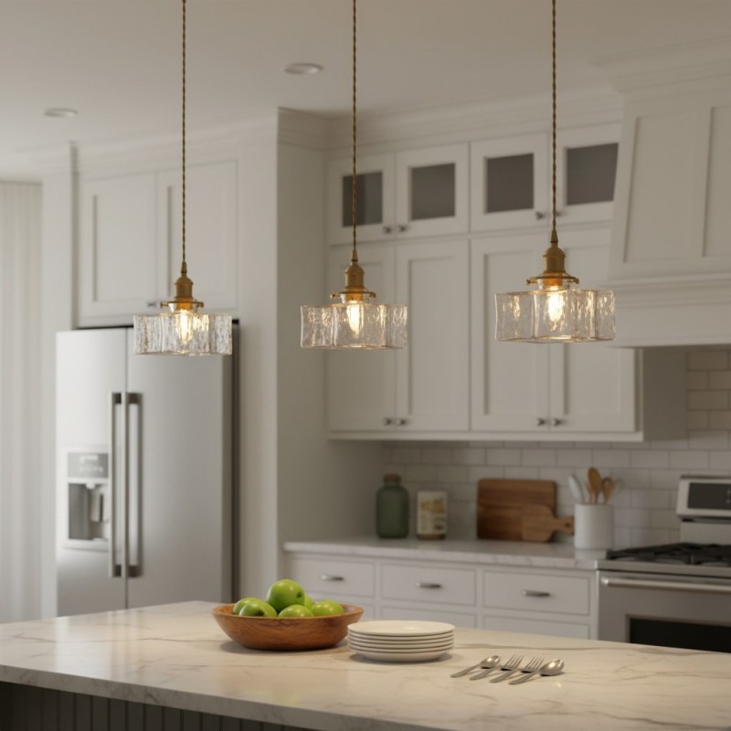 Faelthorin Farmhouse Brass Hammered Square Glass Pendant Lamp