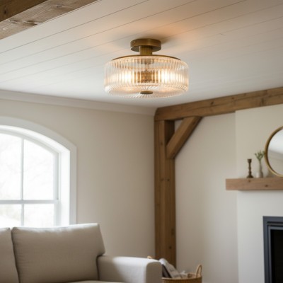 Willa Rustic Round Ribbed Glass Ceiling Light