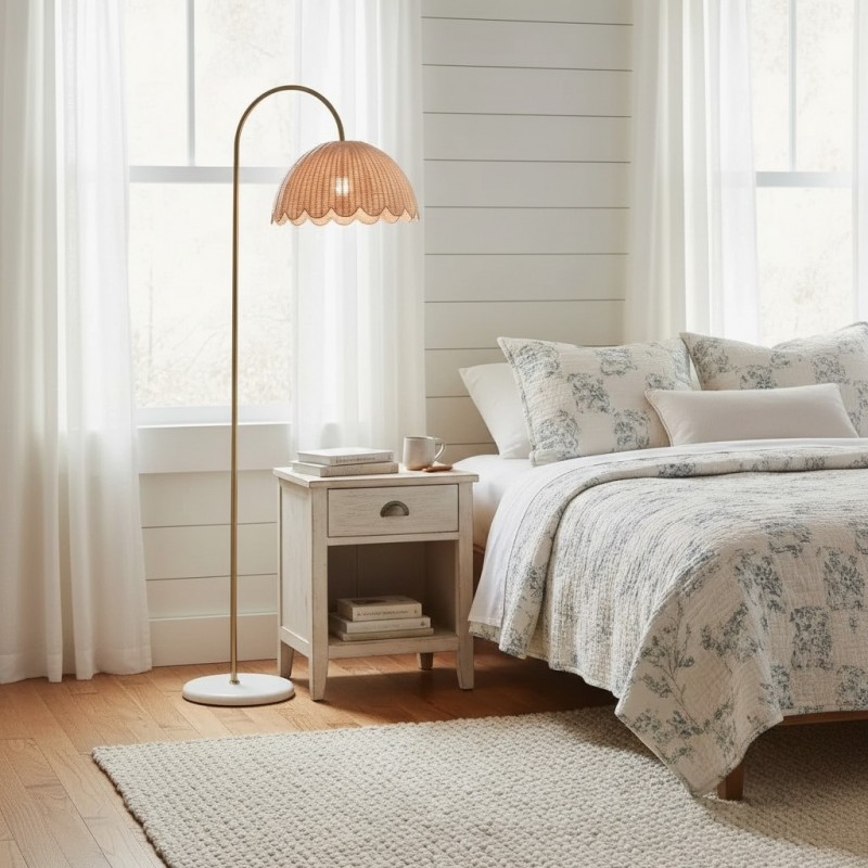 Marlowe Vintage Style Rattan Shade Wood - Based Floor Lamp