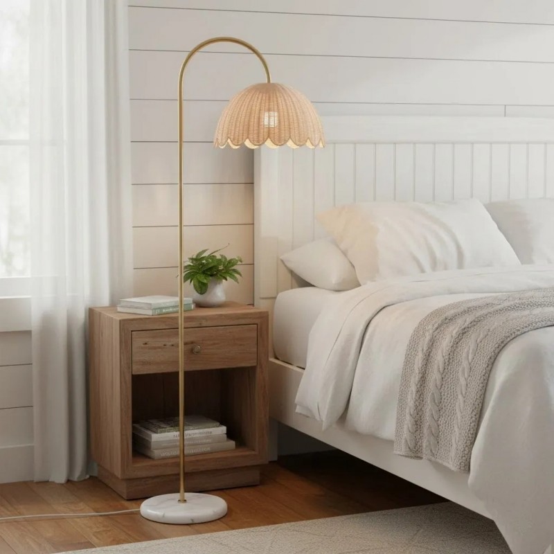 Marlowe Vintage Style Rattan Shade Wood - Based Floor Lamp