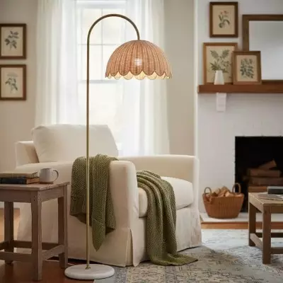 Marlowe Vintage Style Rattan Shade Wood - Based Floor Lamp