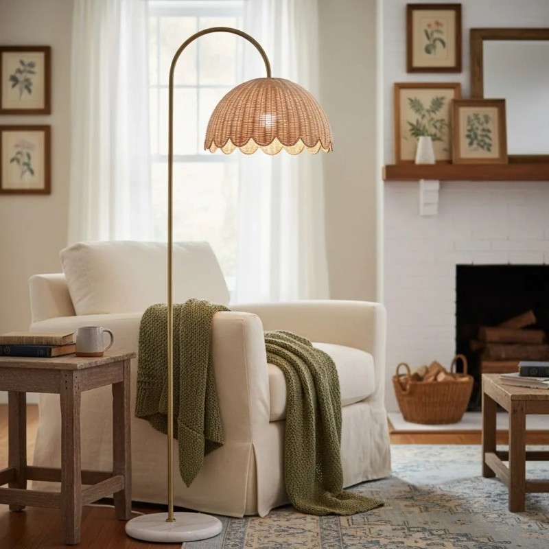 Marlowe Vintage Style Rattan Shade Wood - Based Floor Lamp