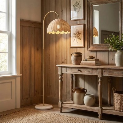 Marlowe Vintage Style Rattan Shade Wood - Based Floor Lamp