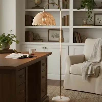 Marlowe Vintage Style Rattan Shade Wood - Based Floor Lamp