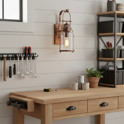 Bureau Industrial Antique Iron Glass Jar Wall Sconce