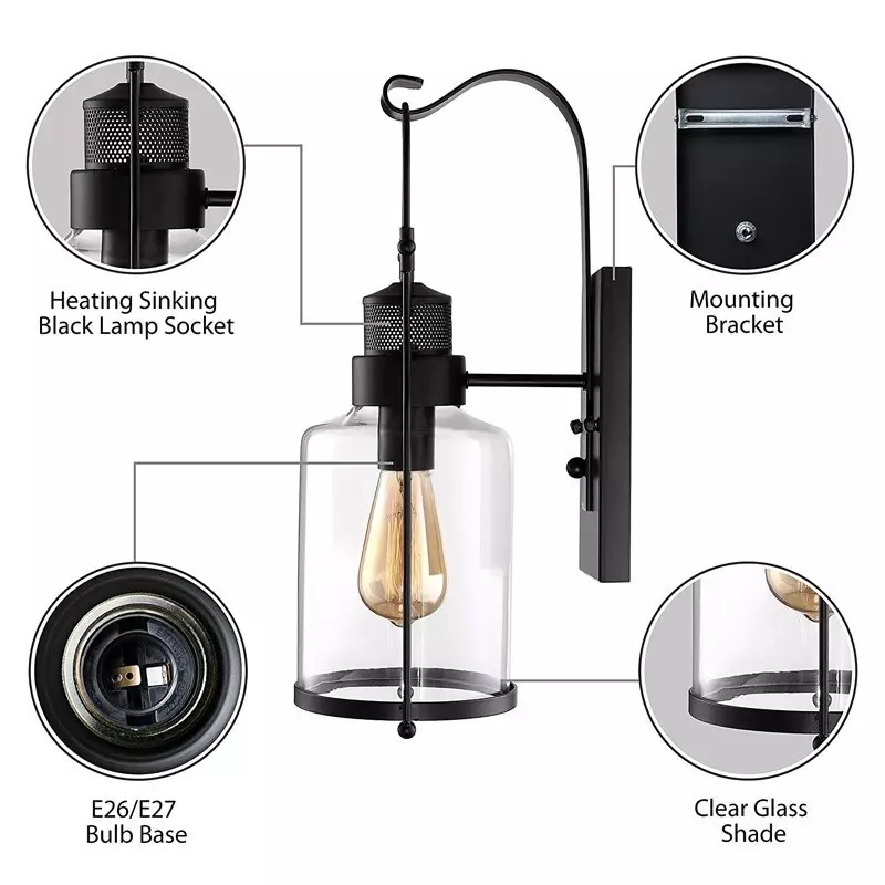 Bureau Industrial Antique Iron Glass Jar Wall Sconce