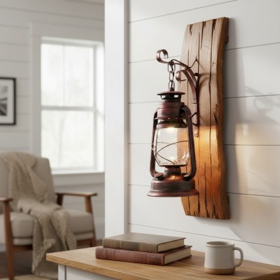 Vaelora Vintage Kerosene Wood Backplate Metal Wall Sconce