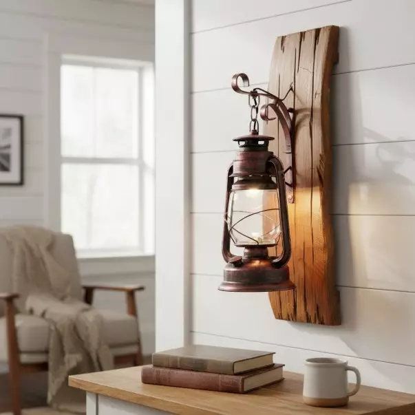 Vaelora Vintage Kerosene Wood Backplate Metal Wall Sconce
