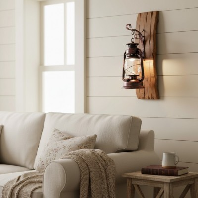 Vaelora Vintage Kerosene Wood Backplate Metal Wall Sconce