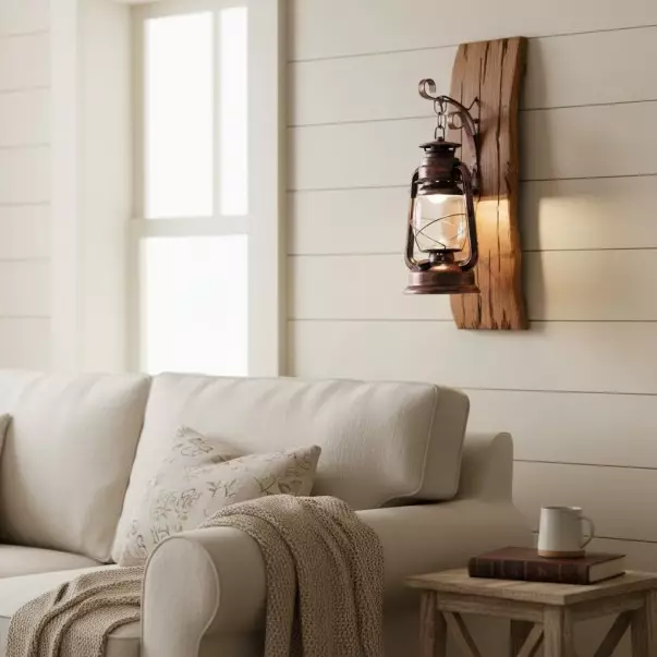 Vaelora Vintage Kerosene Wood Backplate Metal Wall Sconce