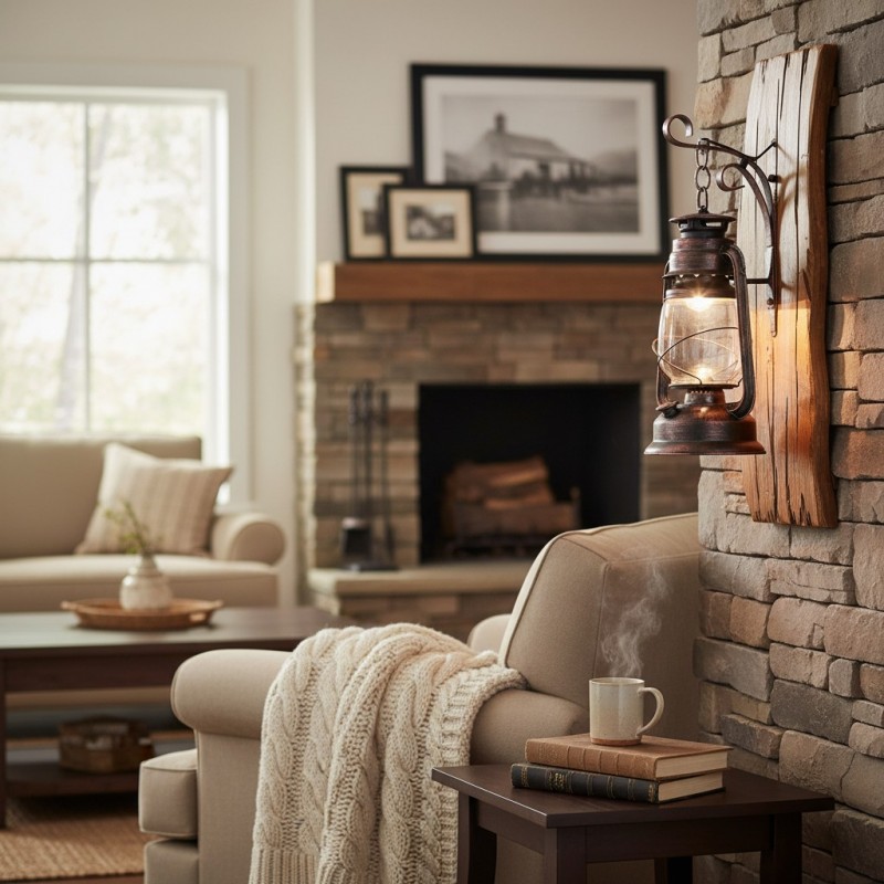 Vaelora Vintage Kerosene Wood Backplate Metal Wall Sconce