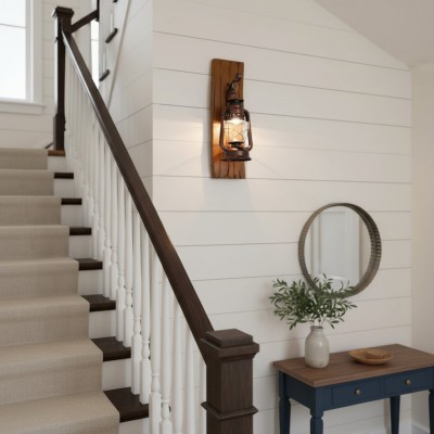 Vaelora Vintage Kerosene Wood Backplate Metal Wall Sconce