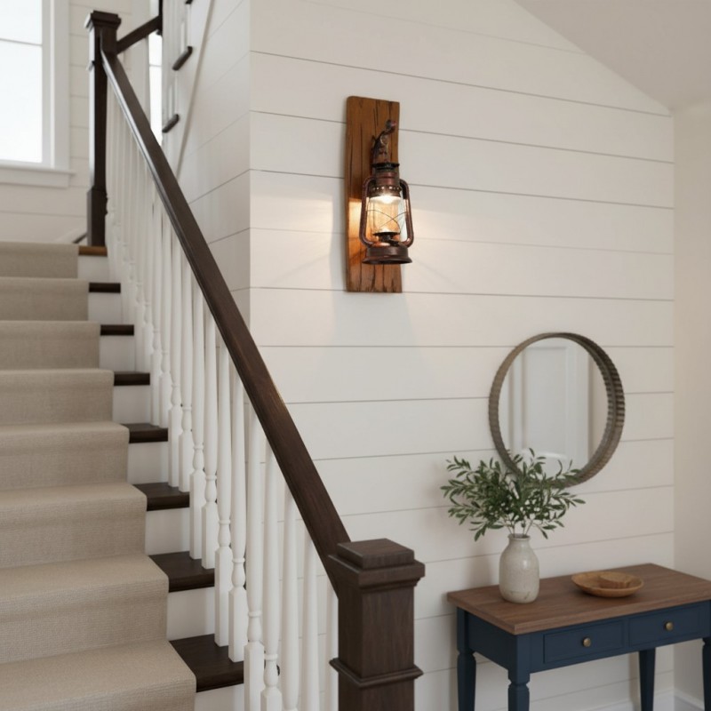 Vaelora Vintage Kerosene Wood Backplate Metal Wall Sconce