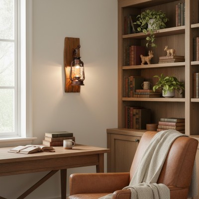 Vaelora Vintage Kerosene Wood Backplate Metal Wall Sconce