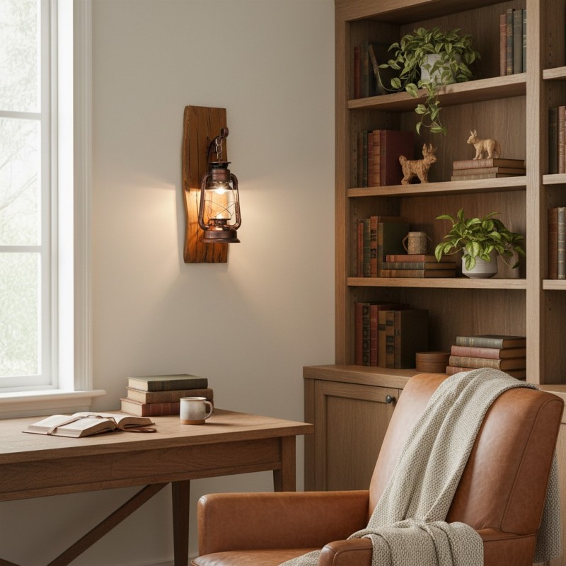 Vaelora Vintage Kerosene Wood Backplate Metal Wall Sconce